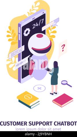 Isometric customer support faq composition with text and human communicating with robot in front of smartphone vector illustration Stock Vector