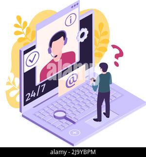 Isometric customer support faq composition with human character and laptop with email sign and envelope vector illustration Stock Vector