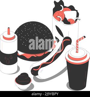 Fast food isometric composition with images of burger hotdog kebab and drinks with sauce vector illustration Stock Vector