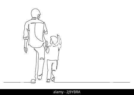 Father walking with son and holding hands line art vector illustration. One line drawing and continuous style Stock Vector