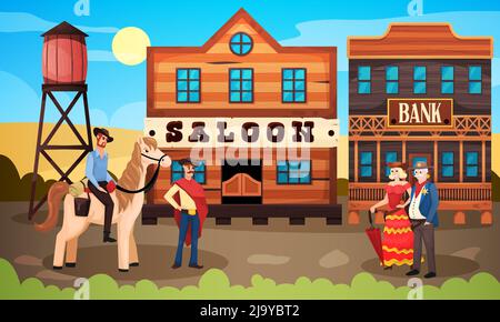 Wild west cowboy composition with vintage town landscape city street with saloon bank and human characters vector illustration Stock Vector