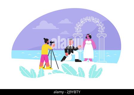 Photo session wedding flat composition with human characters of newly wedded couple taking photo near landmark vector illustration Stock Vector