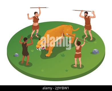Caveman prehistoric primitive people round isometric composition with group of ancient characters during hunt on tiger vector illustration Stock Vector