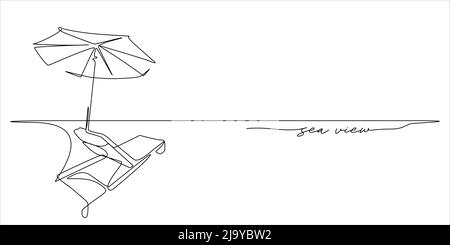 sunbathe lounger bed and umbrella beach holidays summer concept line art illustration with 'sea view' text as a water wave. Continuous line drawing an Stock Vector