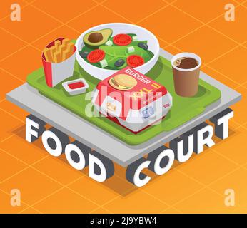 Food court isometric composition with serving platter standing on 3d text with packed meal and drinks vector illustration Stock Vector