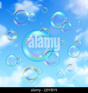 Soap bubbles and sky realistic background with sun shining vector illustration Stock Vector