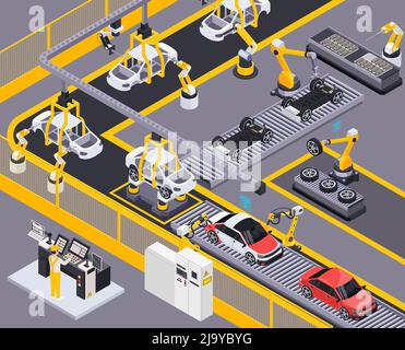 Electric vehicles production line remote controlled robotic assembly and painting conveyor system element  isometric composition vector illustration Stock Vector