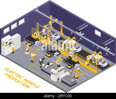 Electric vehicles production facility interior robotic assembly line remote controlled conveyor belt element isometric view vector illustration Stock Vector