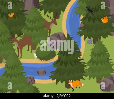 Exotic pets in wild animals natural environment isometric composition with reindeer squirrel fox rabbit hare vector illustration Stock Vector