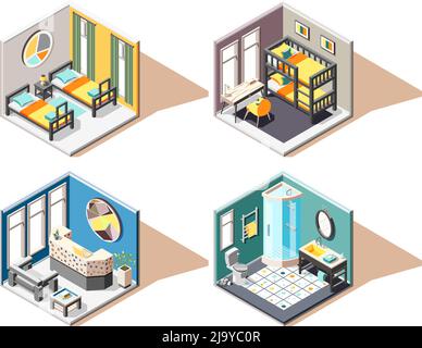 Hostel 2x2 design concept set of guest room bathroom reception isometric interiors vector illustration Stock Vector