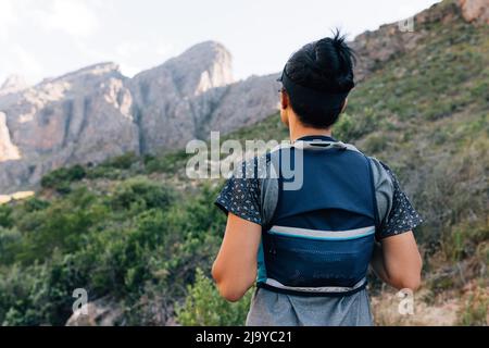 Rear view of woman hiker in sportswear standing in the valley and looking at the mountains Stock Photo