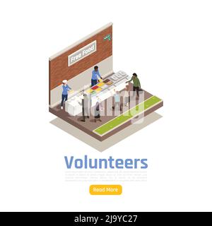Charity donation volunteering isometric background with volunteers sharing food with homeless people with text and button vector illustration Stock Vector