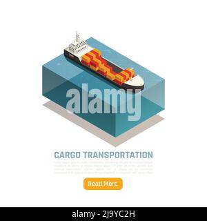 Cargo transportation logistic delivery isometric background with image of ship loaded with freight containers and text vector illustration Stock Vector