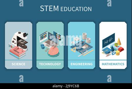 STEM education 4 vertical banners with science technology engineering mathematics symbols accessories isometric compositions background vector illustr Stock Vector