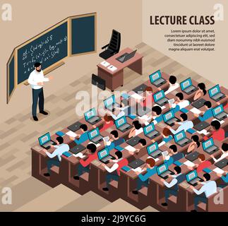 Isometric lecture class background with indoor scenery professor in front of blackboard and students with laptops vector illustration Stock Vector