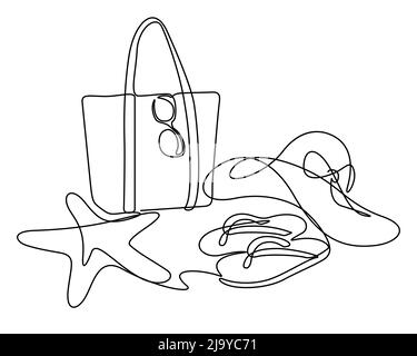 Continuous line art of summer sea fashions;tote bag,beach hat,flip flops,sunglasses,starfish on tropical beach. vector illustration for advertising,pr Stock Vector