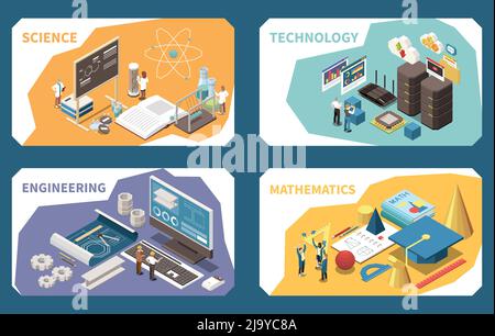 STEM education concept 4 isometric compositions cards with science lesson engineering software mathematics geometric shapes vector illustration Stock Vector