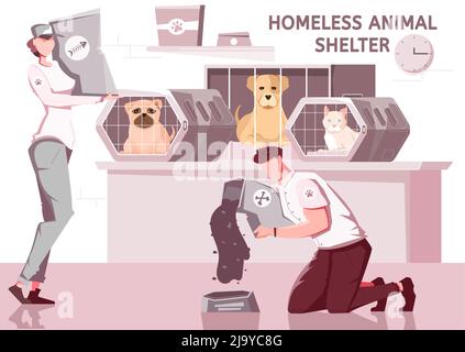 Homeless animal help flat composition with pets in cages and workers volunteers in uniform with text vector illustration Stock Vector