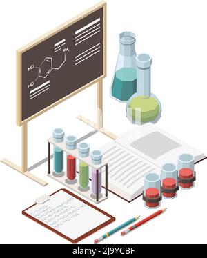 Stem education isometric concept icons composition with test tubes and blackboard with chemical formula vector illustration Stock Vector