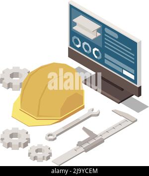 Stem education isometric concept icons composition with images of engineers hat and computer with gears vector illustration Stock Vector