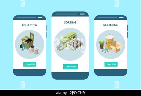 Waste sorting bins garbage collecting recycling 3 isometric smartphone screens compositions mobile app designs vector illustration Stock Vector