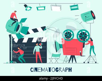 Cinema composition with film studio and shooting team at work flat vector illustration Stock Vector