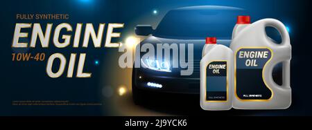 Engine oil advertising realistic banner plastic canister for motor oil on dark road background with car vector illustration Stock Vector