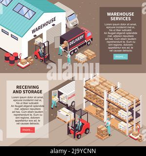 Logistic horizontal banners with warehouse services receiving and storage isometric compositions vector illustration Stock Vector