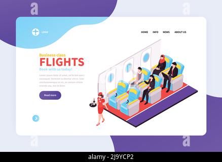 Booking air tickets isometric landing page with offering business class flights and place for airline logo vector illustration Stock Vector
