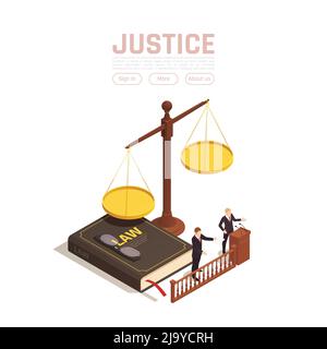 Law justice isometric background with images of weights with book and people with clickable text buttons vector illustration Stock Vector