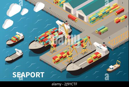 Seaport terminal isometric composition with loading unloading container vessels cargo carriers cranes freight transport warehouse vector illustration Stock Vector