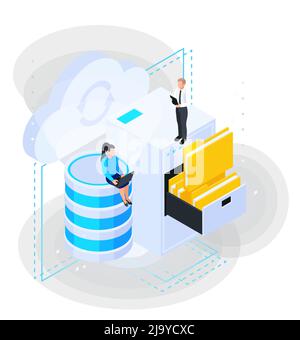 Cloud services isometric composition with characters of working people and cabinet with folders and server capsule vector illustration Stock Vector