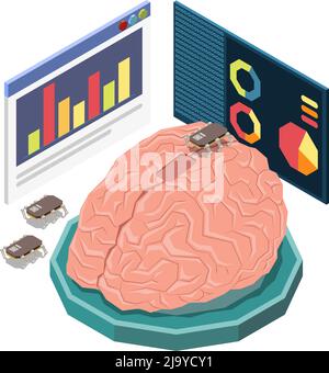 Stem education isometric concept icons composition with image of human brain with infographic screens vector illustration Stock Vector