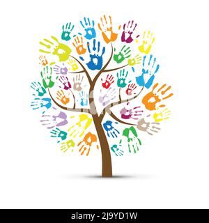 Human hand prints color tree silhouette Stock Vector