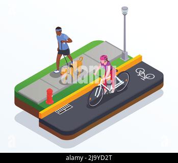 Running and cycling concept with active lifestyle symbols isometric vector illustration Stock Vector