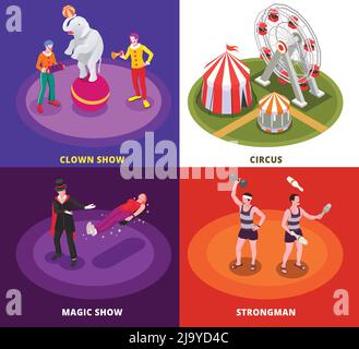 Circus concept isometric icons set with magic show symbols isolated vector illustration Stock Vector