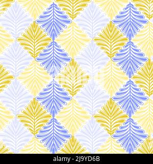 A seamless pattern of yellow and blue plant elements drawn by hand. Fantasy leaves of various plants. Geometry. Vector illustration Stock Vector