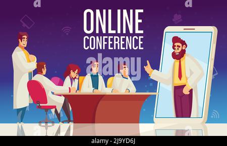 Flat medical conference composition group of participant sit in the office and listen speaker online vector illustration Stock Vector