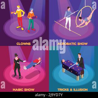 Circus show concept isometric icons set with clown and magic show symbols isolated vector illustration Stock Vector