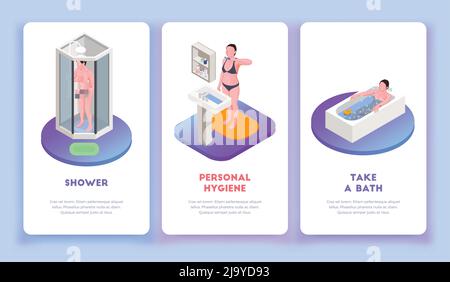 Hygiene isometric vertical banners set with shower and bath symbols isolated vector illustration Stock Vector