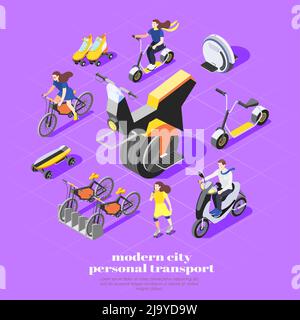 Personal transport isometric composition with monocycle bike skateboard roller skates scooter and women characters 3d vector illustration Stock Vector