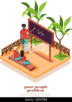 Poor african people studying at small class outdoors isometric composition 3d vector illustration Stock Vector