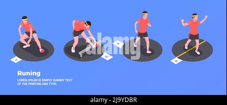 Running and training people set with fitness symbols on blue background isometric isolated vector illustration Stock Vector