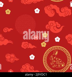 Seamless pattern with Chinese New Year 2023 Zodiac Year of the bunny sign with asian elements. Stock Vector