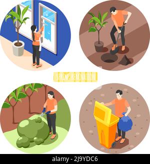 Spring renovation  2x2 design concept set of men and women washing window planting tree  trimming bush taking out trash isometric vector illustration Stock Vector