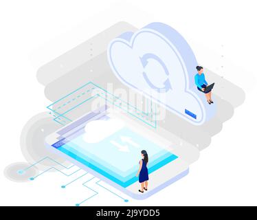Cloud services isometric composition with icons of tablet screens syncing to cloud with human characters vector illustration Stock Vector