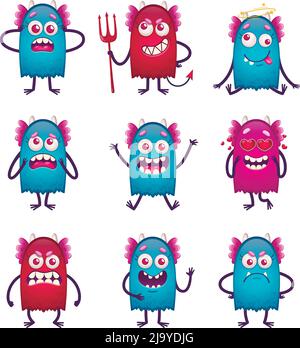 Cartoon monster emoticons set of nine isolated funny beast characters of different colour and face emotion vector illustration Stock Vector