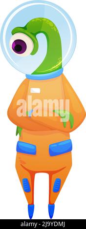 Cute green alien with one eye wearing orange spacesuit cartoon vector illustration Stock Vector