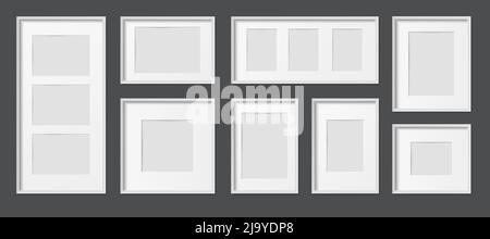 White wooden and plastic rectangular realistic picture frames various sizes mockup set black background vector illustration Stock Vector