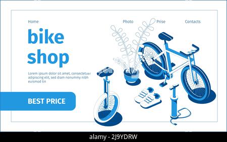 Isometric blue and white bike shop web page with 3d bicycle inflator trainers vector illustration Stock Vector